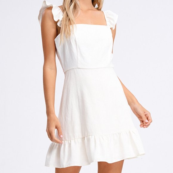 New Square Neckline Ivory Linen Ruffle Sun Dress - Picture 2 of 7